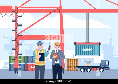 Cargo terminal workers. Unload freight containers on auto trucks. Warehouse and seaport workers, transportation and logistic, recent vector scene Stock Vector