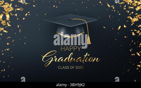 Elegant Graphic of Graduation Cap With Golden Decorations and Happy Graduation Class Of 2025 Message Stock Vector