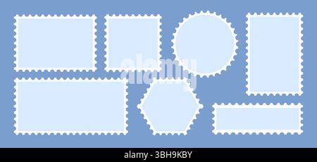 Empty postage marks. Postcard stamp frame different shapes, post mail card paper edge letter sticker postal mark blank border postmark template cartoon set vector illustration original artwork Stock Vector