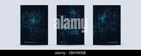 Futuristic Tech Network Posters Set. Abstract Neural Map, Cyber Grid And Scientific Data Flows On Dark Background. Perfect For Innovation, Research Stock Vector