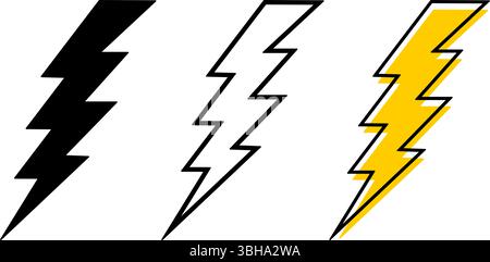 Set of bolt icons and silhouettes. Thunderbolt signs isolated on white background. Flashlight, energy, electricity or power symbols. Danger or warning pictograms. Vector graphic illustration. Stock Vector