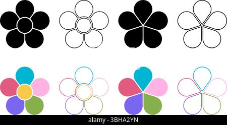 Set of flower silhouettes with 5 petals and core. Floral pie chart divided on five equal parts in leaf shapes isolated on white background. Vector graphic illustration. Stock Vector
