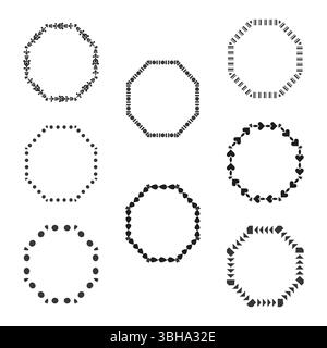Black octagon wreath. Floral frame shape. Vector ornamental ring. Repeated dark figure. Stock Vector