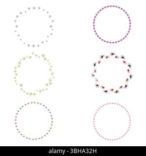 Round frame icons. Circle border symbols. Decorative pattern elements. Vector colorful shapes. Stock Vector