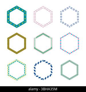 Dotted hexagon frame. Pattern vector shape. Geometric border symbol. Colorful checkered ring. Stock Vector