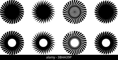 Gear disk silhouettes. Sun symbols. Round swirl icons. Fan, propeller, spinner or pinwheel toy, ventilator signs isolated on white background. Vector graphic illustration. Stock Vector