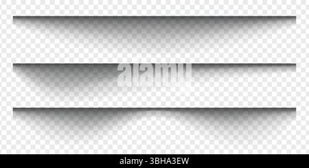 Set of paper shadows. Horizontal divider lines isolated on transparent background. Notebook worksheet, book page, card, flyer, banner, poster borders with soft blurred effect. Vector illustration. Stock Vector