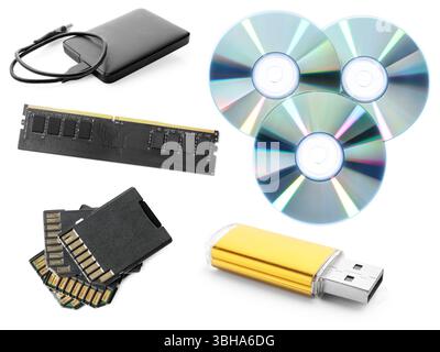 Different modern memory drives isolated on white, collage Stock Photo