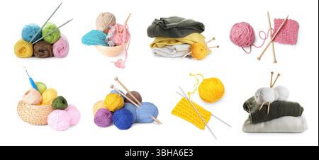 Knitting yarns and needles isolated on white, set Stock Photo
