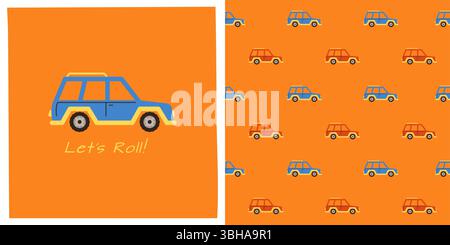Car jeep suv cartoon seamless pattern. Hand drawn cute automobile car kid endless boundless background design. Simple children funny auto transport comic repeat print wallpaper vector illustration Stock Vector