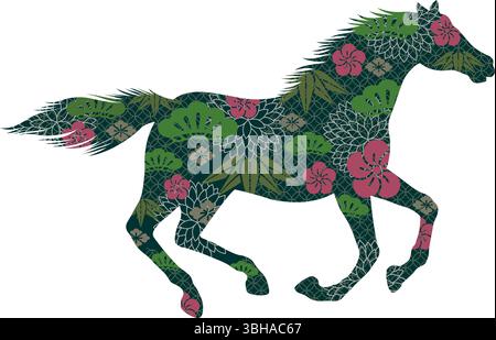 The Year Of The Horse Vector Zodiac Symbol Decorated With Japanese  Vintage Patterns Isolated On A White Background. Stock Vector