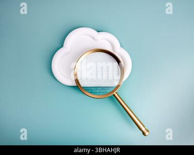 Cloud computing technology, security data system storage service, information searching concept. Binary code appear in magnifying glass lens, focus on Stock Photo