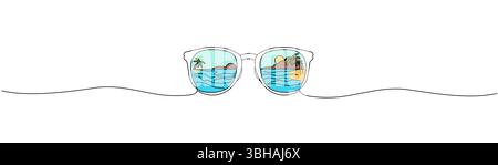 sunglasses with beach reflection continuous line design vector Editable stroke. Stock Vector