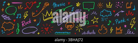 Music star doodle icon punk rock set. Hand drawn music sketch guitar, microphone, skull. Fun graffiti star shape doodle arrow, crown, speech bubble grunge decoration elements. Vector illustration Stock Vector