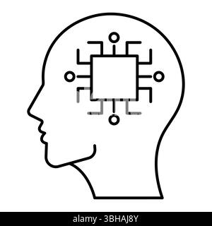 Human head tech icon, AI chip technological brain, Artificial intelligence, Simple flat design symbol, Isolated on white background, Vector illustrati Stock Vector