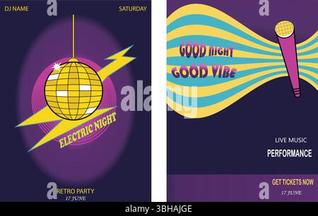 Retro Music Night Posters. Disco Ball & Sound Wave Retro Poster Set Stock Vector