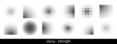 Collection set of different abstract halftone art elements. Dots, squares, and line patterns included Stock Vector