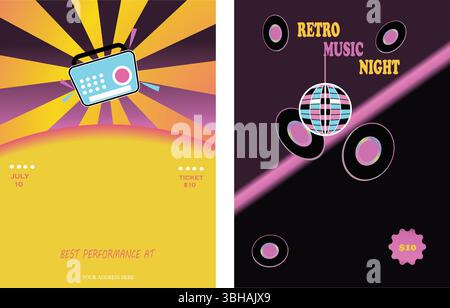 Neon Retro Night. Futuristic Music Party Posters And Abstract Night Party Poster Set. Stock Vector