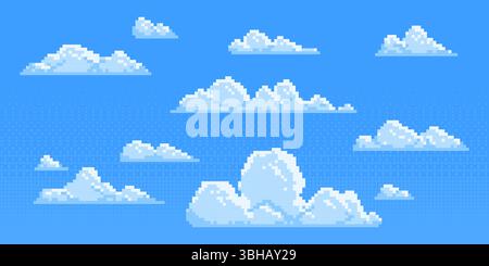 Pixel clouds set for game background - fluffy cumulus cloudscape in 8 bit style. Cartoon sky elements, retro gaming sprites, pixelated aerial landscape assets. Decorative nostalgic pixelart designs. Stock Vector