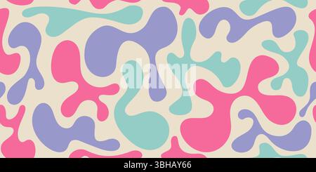 Funky liquid shapes seamless pattern - abstract colorful blobs, drops and splashes forms in psychedelic 60s style on groovy background. Wavy trippy pastel curves, fluid retro design texture. Stock Vector
