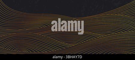 Golden waves pattern on black background - abstract linear curves and flowing stripes composition. Luxury ornamental lines swirling and twisting. Asian Japanese or Chinese style ornate decoration Stock Vector