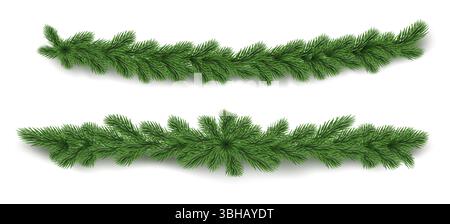 Branch garland realistic Christmas decorations - green pine needle borders with lush evergreen foliage. Festive fir tree swags - horizontal dividers for holiday cards or winter celebration designs. Stock Vector
