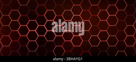 Hexagon game background with glowing red honeycomb grid on black surface. Abstract geometric pattern of connected cells for futuristic interface design. Digital technology bg with luminous edges. Stock Vector