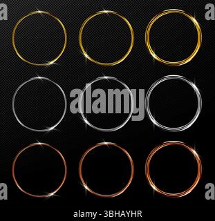 Frame ring metal collection with sparkling light effects - golden, silver and copper circular borders on transparent bg. Shiny metallic round frames for luxury badges, awards or premium product design Stock Vector