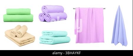 Colorful bath towels collection - green stacked, purple rolled, beige with washcloths, turquoise folded sets, pink hanging on rail, blue draped. Soft cotton textile assortment for spa and home use. Stock Vector