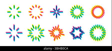 Starburst icon set in trendy riso graph print texture style Stock Vector
