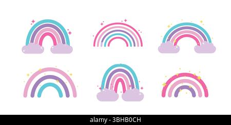Colorful rainbows set. Hand drawn color arc vector illustration. Stock Vector