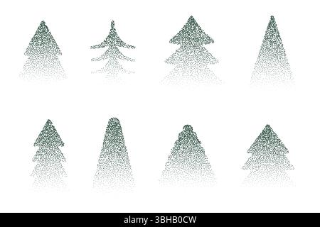 Beautiful fir tree made of dots. Stipple halftone vector illustration of Christmas trees. New year design elements collection Stock Vector