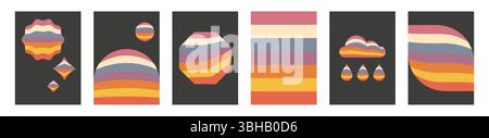 Retro 70s geometric cover set. Vintage rainbow color Stock Vector