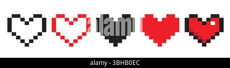 Retro style pixel heart icon collection Stock Vector