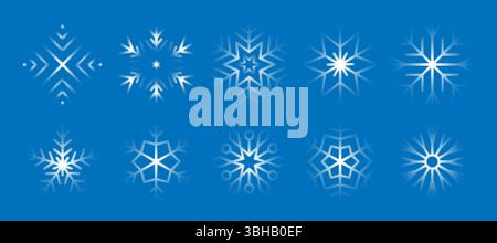 Trendy dotted snowflakes collection. Set of halftone dots elements isolated on blue backdrop Stock Vector