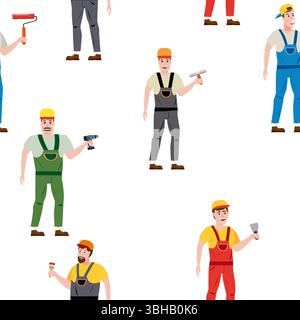 Seamless pattern construction workers uniforms repair on construction site Stock Vector