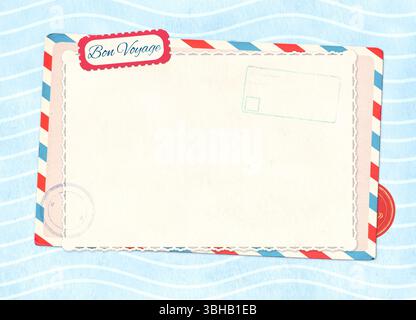 Horizontal travel background with retro postcard on vintage paper of blue color and wave pattern. Bon Voyage - Have a nice trip, in French. Topic of t Stock Photo