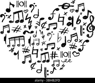 Heart shape filled with musical icons set. Charcoal stamp texture, cute underline symbols for kindergarten or school. Black music note, lightning and Stock Vector
