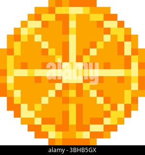Single citrus slice in pixel art style. Fresh and vibrant orange or mandarin piece for digital design, icons, menus or playful summer graphics. Stock Vector
