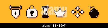 A set of 6 pixelart elements. Painted tapestry, latch, hourglass, crown, arrows and bomb. Stock Vector