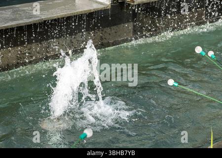 Small stream of water is coming out of a fountain. The water is white and clear. The fountain is surrounded by green grass Stock Photo
