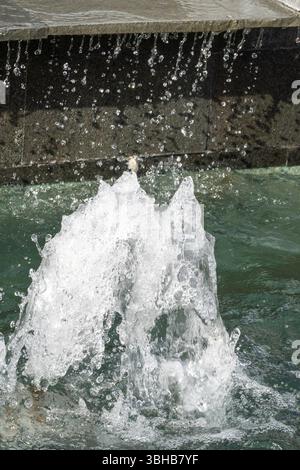 Small stream of water is coming out of a fountain. The water is white and clear. The fountain is surrounded by green grass Stock Photo