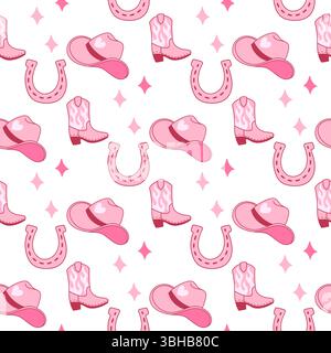 Seamless pink pattern with cowgirl hats, flame boots, and horseshoes. Fun, girly western theme for backgrounds and design elements. Stock Vector