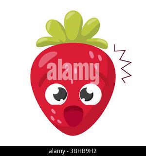 Funny surprised strawberry cartoon face with big eyes and open mouth isolated on white background Stock Vector