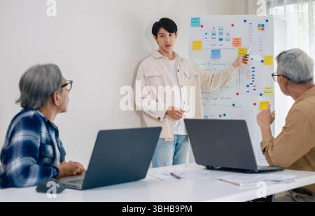 senior programmer bootcamlp,Asian young instructor guides senior learners through a programming on whiteboard, highlighting algorithm thinking and sim Stock Photo