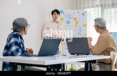 senior programmer bootcamlp,Asian young instructor guides senior learners through a programming on whiteboard, highlighting algorithm thinking and sim Stock Photo