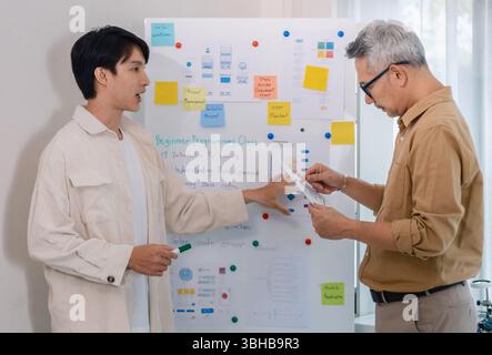 senior programmer bootcamlp,Asian young instructor guides senior learners through a programming on whiteboard, highlighting algorithm thinking and sim Stock Photo