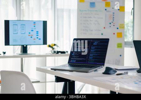 Empty room of developer programming room with coding and bootcamp training Stock Photo
