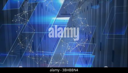 Displaying holographic blue panels streaming through server room aisle between server racks. Technology, data, cybersecurity, network, innovation, fut Stock Photo