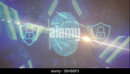 Displaying central fingerprint graphic on virtual interface, with shield icons and data fragments. Cybersecurity, technology, digital, futuristic, sec Stock Photo